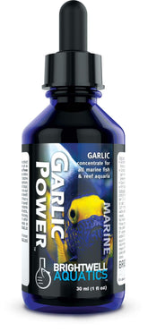 Brightwell GarlicPower bottle label signaling premium garlic extract for fish nutrition.