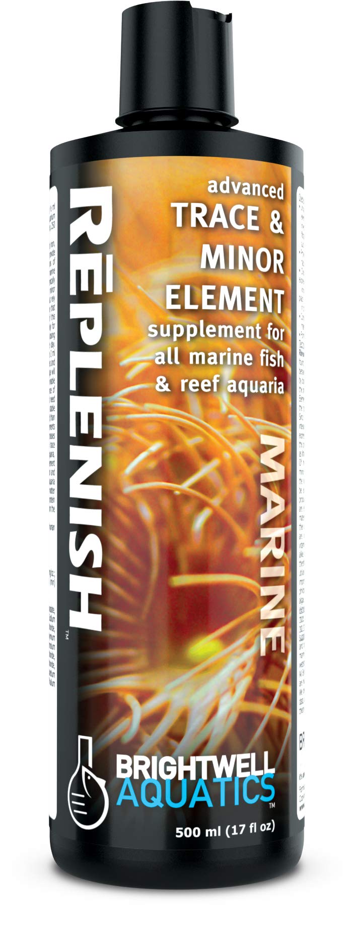Brightwell Aquatics Replenish bottle front, balanced trace minerals for healthy marine life.