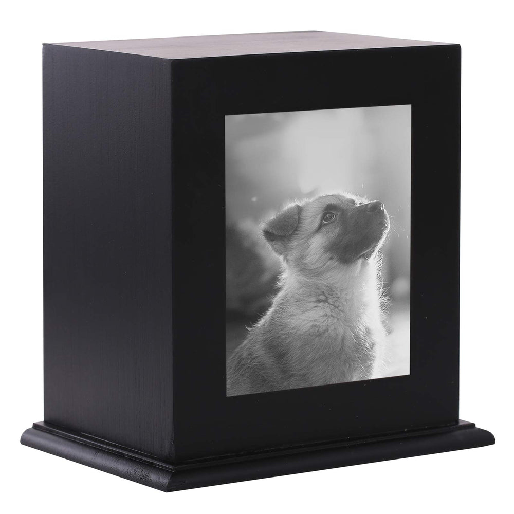 BRKURLEG Pet Wood Memorial Urn front view with photo frame to keep memories close