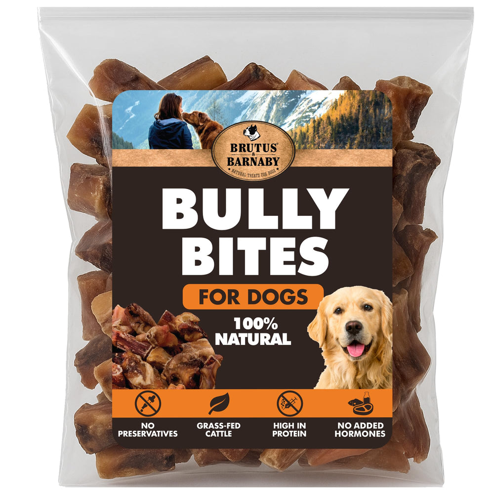 BRUTUS & BARNABY bully stick bites in resealable bag for fresh, low-odor enjoyment.