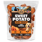 BRUTUS & BARNABY sweet potato dog treat in bag shows single-ingredient simplicity for sensitive stomachs.