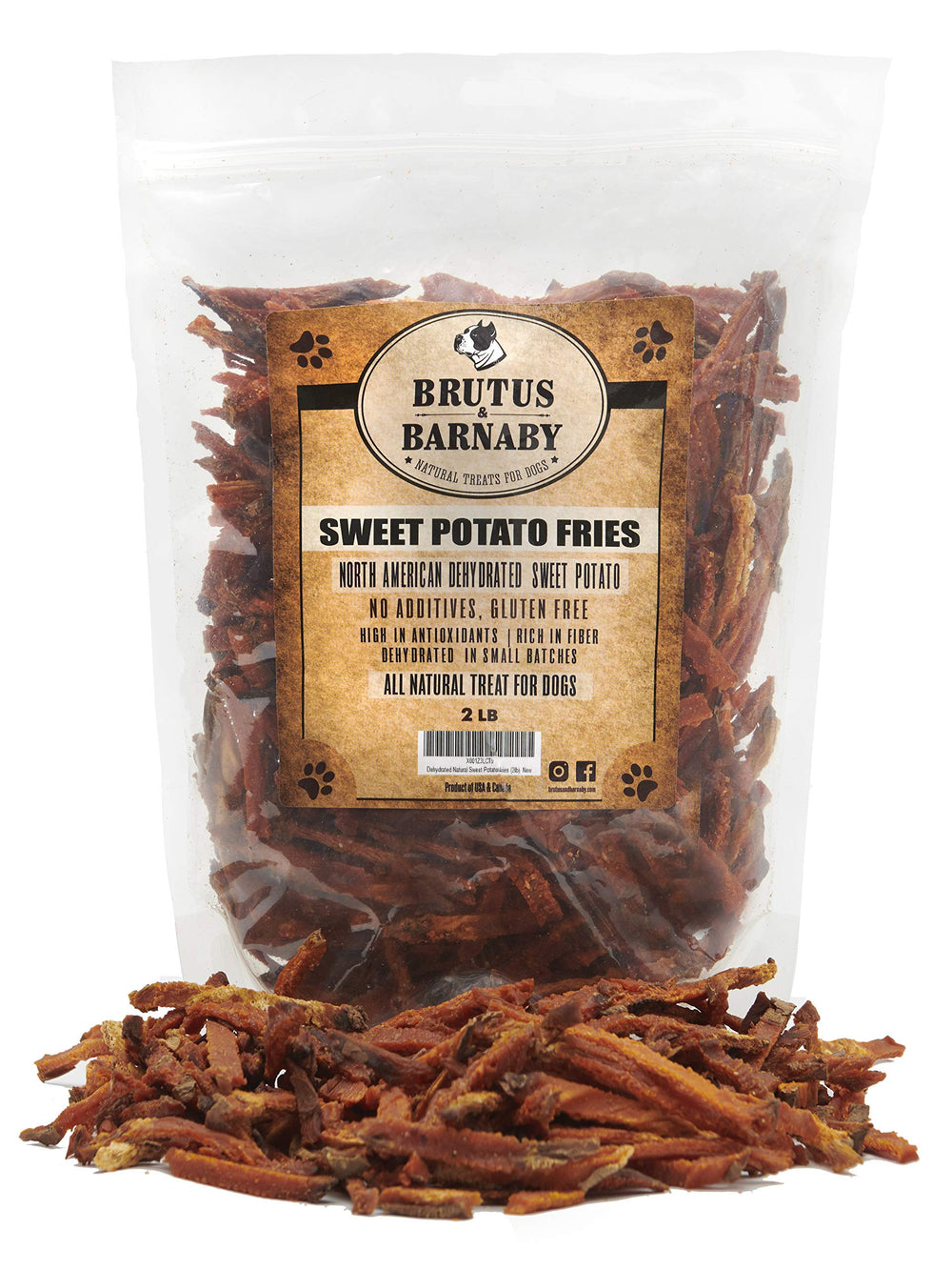 Brutus & Barnaby sweet potato fries for dogs, grain-free and additive-free healthy treat.