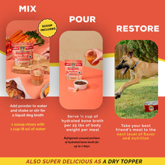 Brutus Bone Broth packaging shows pork flavor at 3-5oz size for convenience.