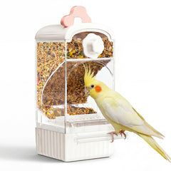 Bucatstate automatic bird feeder for cage with pink-white finish for easy hanging.