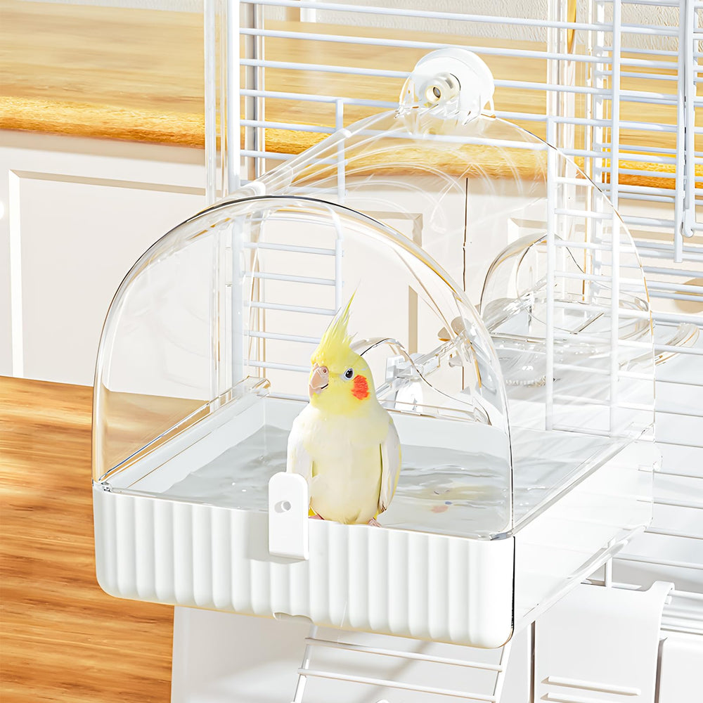 BUCATSTATE hanging bird bath cage provides a spacious bath for small to medium birds.