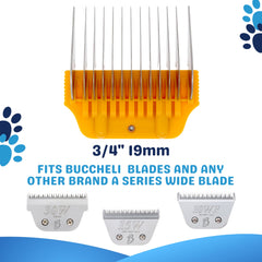 Bucchelli-compatible guard works with Andis, Conair, Wahl, Thrive clippers.