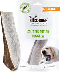 Buck Bone Organics elk antler large split chew for aggressive chewers supports long-lasting entertainment.