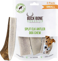 Buck Bone Organics elk antler chews in a small packaging layout, three 4-inch splits.