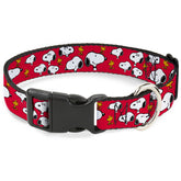 Buckle-Down Peanuts Snoopy collar showing Snoopy and Woodstock on red fabric for daily walks.