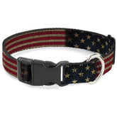 Buckle-Down plastic clip collar in vintage US flag pattern, durable for daily wear.
