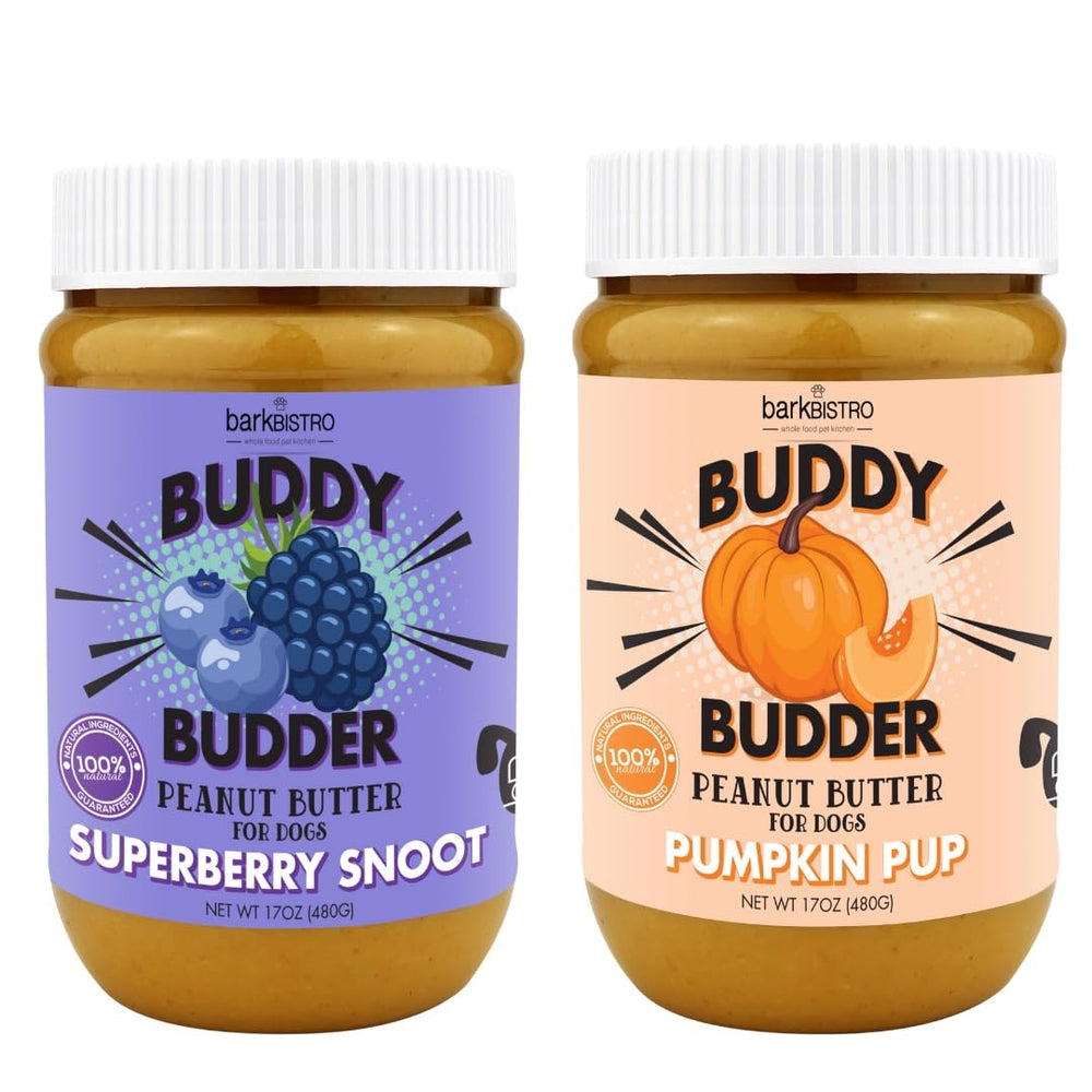 Buddy Budder Bark Bistro Superberry Snoot Pumpkin Pup jar, creamy peanut butter dogs love licking.