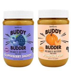 Buddy Budder Bark Bistro Superberry Snoot Pumpkin Pup jar, creamy peanut butter dogs love licking.