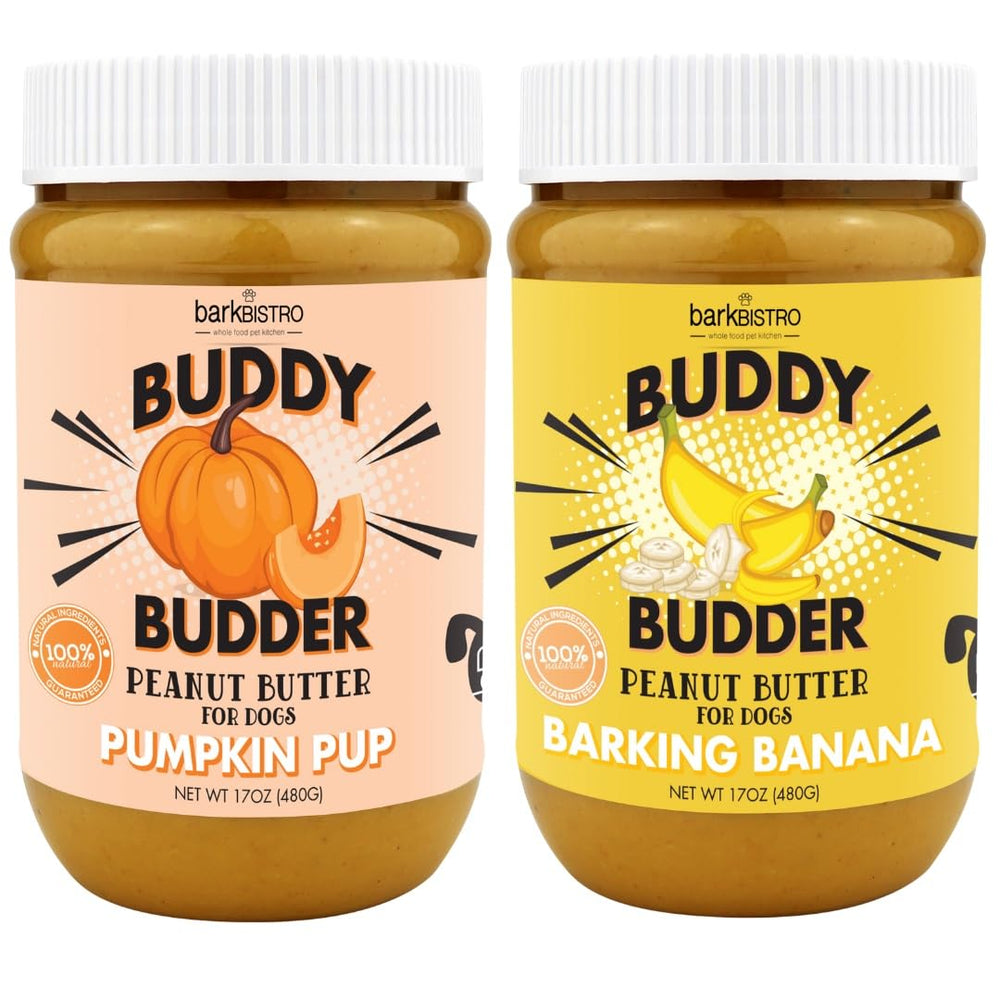 BUDDY BUDDER Barkin Banana + Pumpkin Pup front label shows natural ingredients.