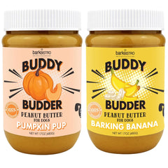 BUDDY BUDDER Barkin Banana + Pumpkin Pup front label shows natural ingredients.