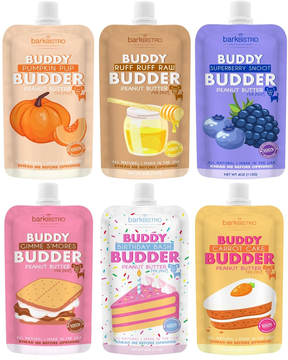Buddy Budder mixed flavors squeeze packs for on-the-go treats.