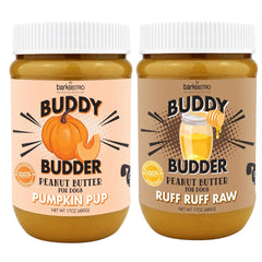 Buddy Budder Ruff Ruff Raw + Pumpkin jars shown side by side, highlighting USA-made quality.