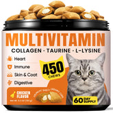 BuddyCheer cat vitamin treats bottle front showing packaging for daily immune and skin support