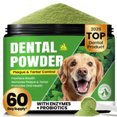 BuddyCheer dog teeth cleaning powder bottle poured for a fresh breath routine.