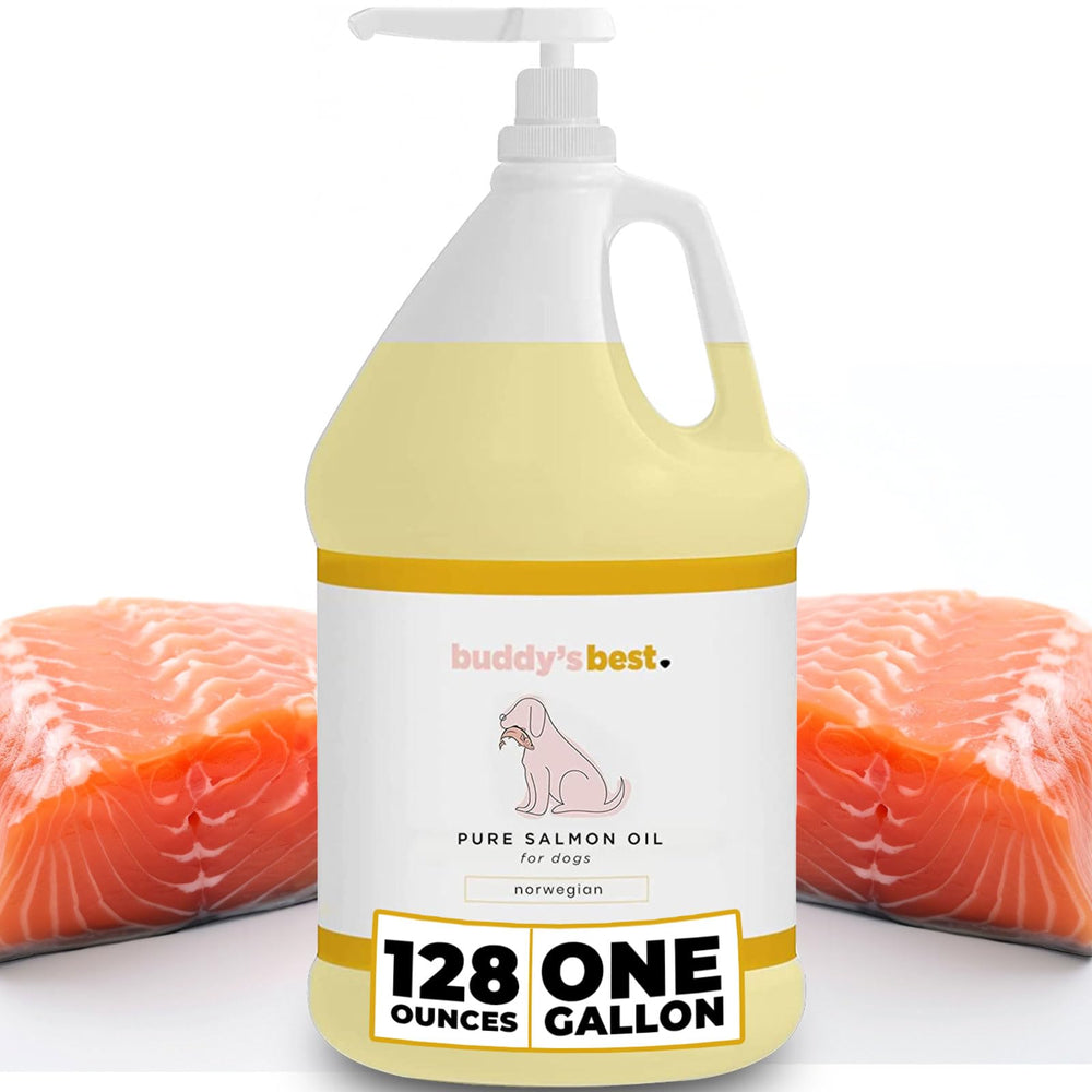 Buddy's Best salmon oil bottle with pour spout for easy dosing and coat support