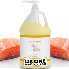 Buddy's Best salmon oil bottle with pour spout for easy dosing and coat support
