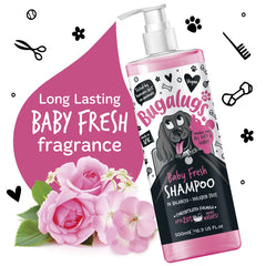 BUGALUGS Baby Fresh Shampoo label close-up highlights baby powder scent.