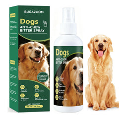 BUGAZOOM Dog No Chew Spray bottle close-up showing a humane deterrent for furniture.