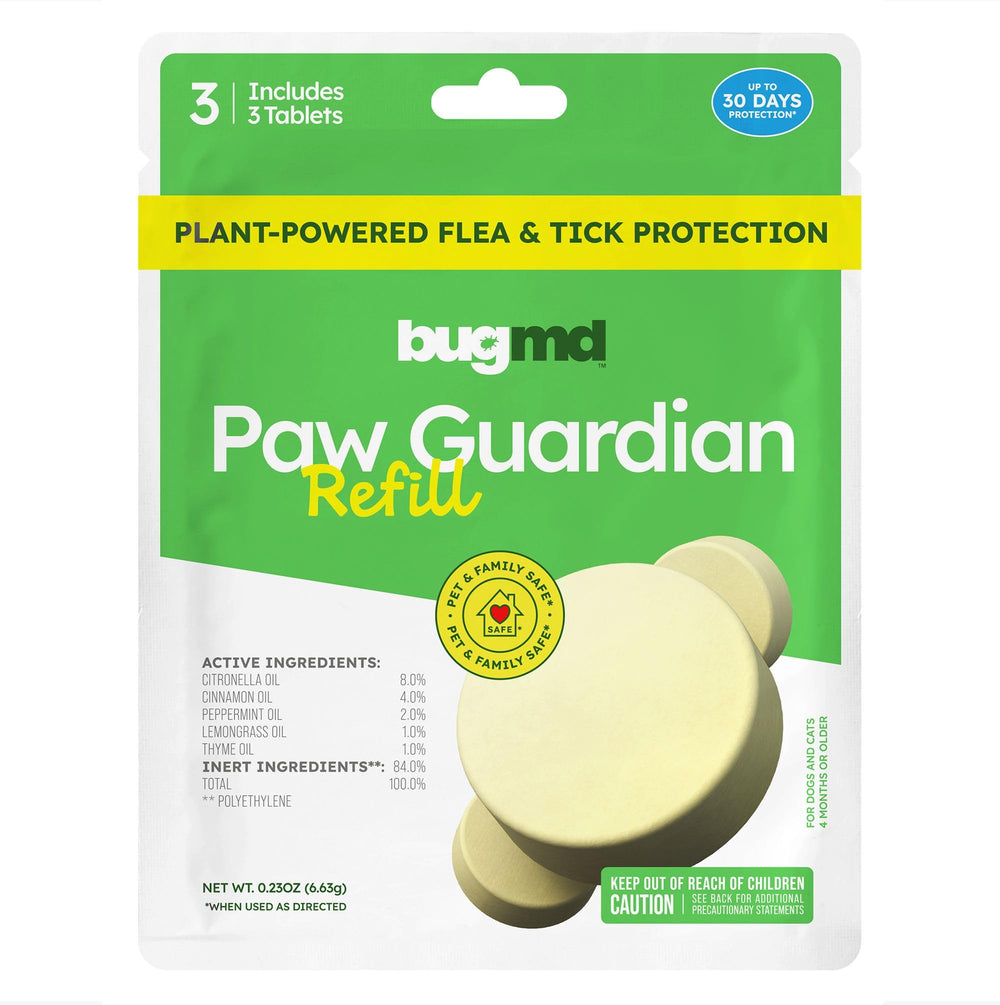 BugMD Paw Guardian pendant on a dog for tracking and natural protection