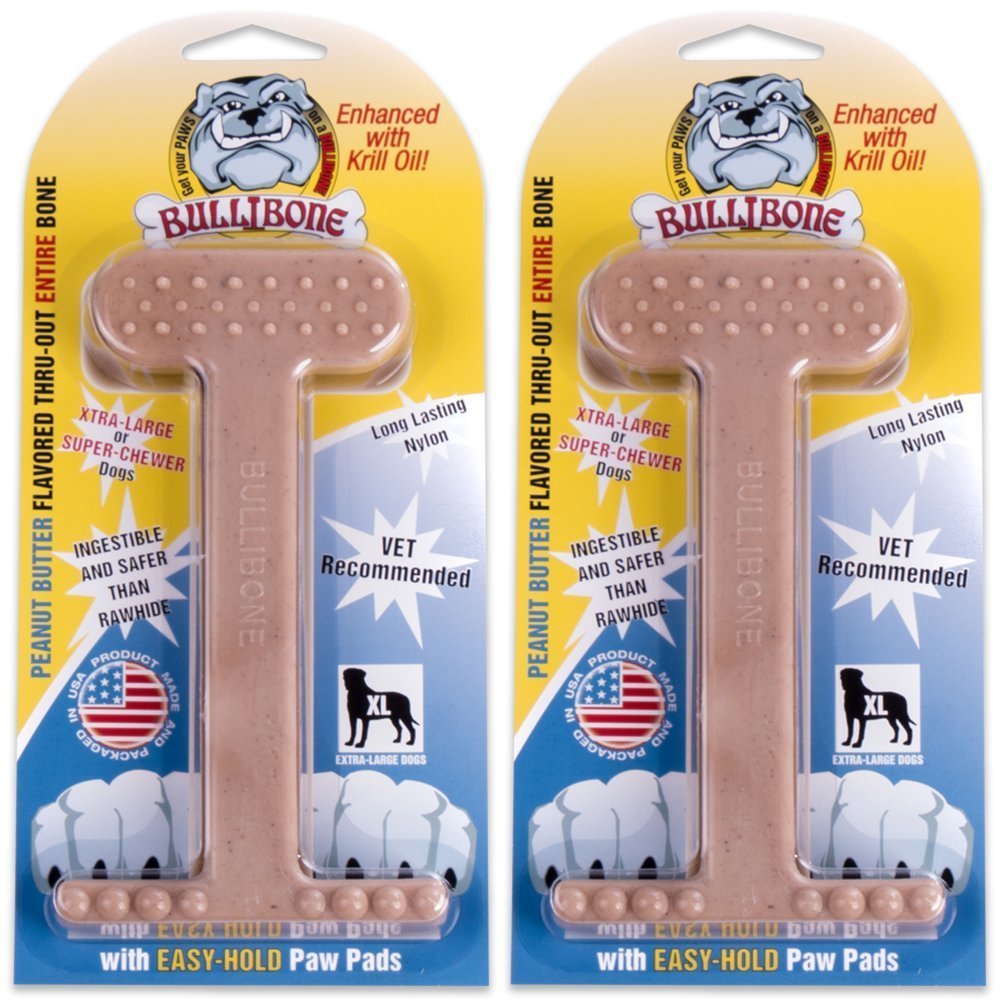 Bullibone indestructible nylon bone close-up with peanut butter flavor for tough chewers.