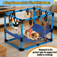 Bullro Blue Puppy Play Gym hammock offers a cozy rest space.