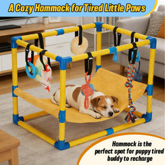 Bullro Puppy Play Gym hammock in a cozy rest spot after play