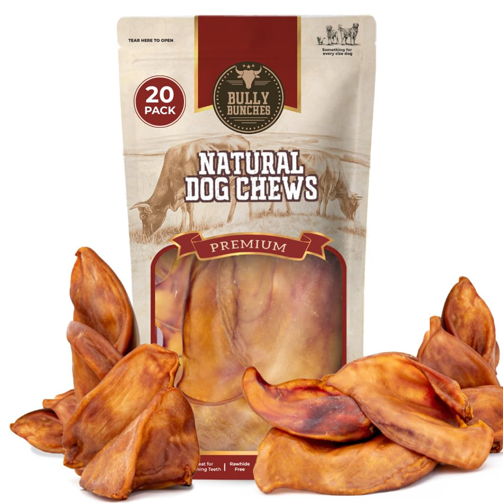 Bully Bunches pig ears oven baked for durable chews across all dog breeds.