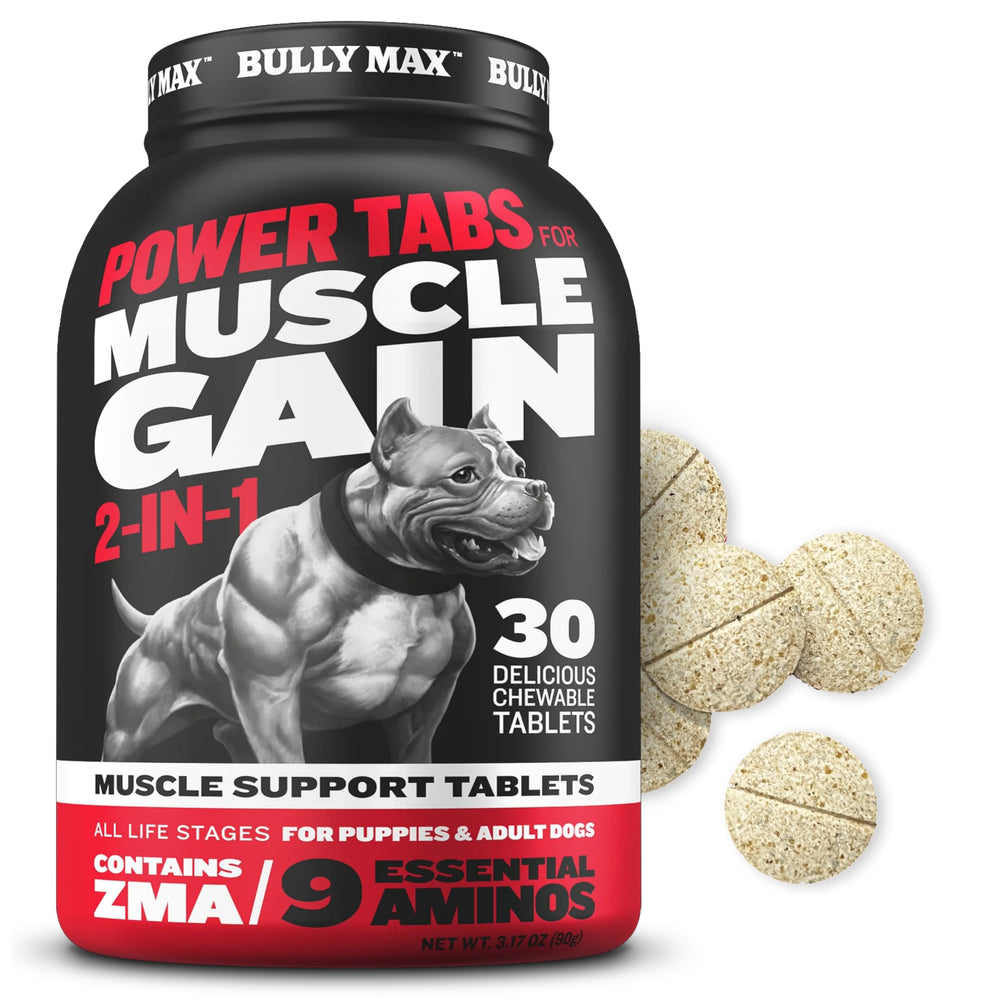 Bully Max Power Tabs bottle front promotes canine muscle support and vitality.