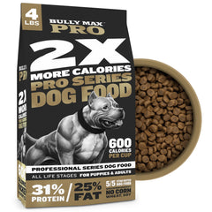 Bully Max Pro 2X bag front highlighting high calorie dog food for weight gain.