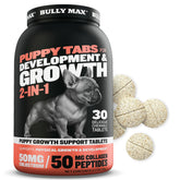 Bully Max Puppy Vitamins bottle with chewable tabs for growth support.