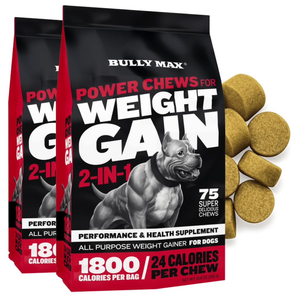 Bully Max Weight Gainer packaging highlights two-pack value for growing dogs.