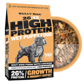 Bully Max Wet Puppy Food packaging shown for quick hydration and feeding.