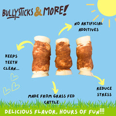 Bullysticks & More 5-6 inch beef cheek roll shown as a long lasting chew