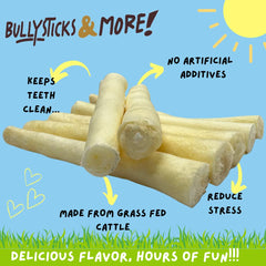 BULLYSTICKS & MORE close-up of dog chewing cow tail bone.