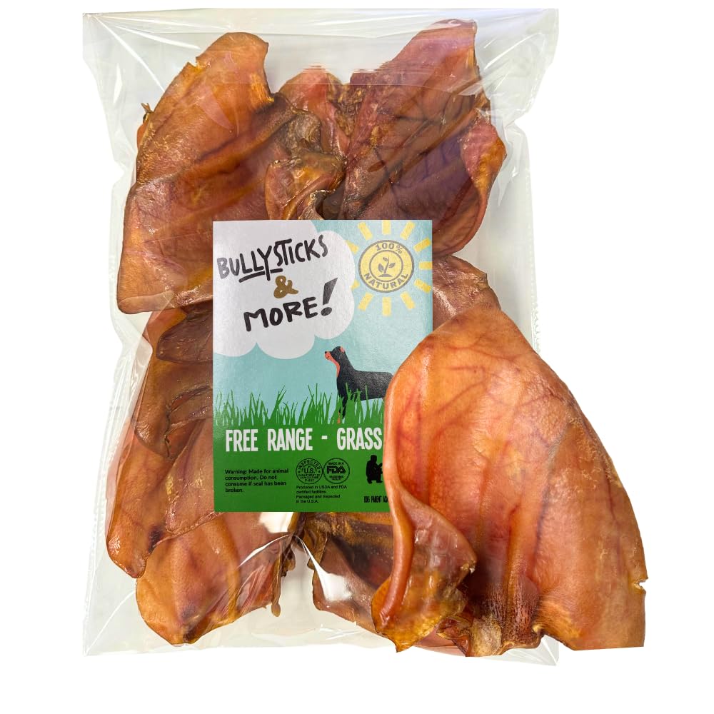 Bullysticks & More pig ears large 16-count packaging highlights premium natural dog chews for lasting entertainment.
