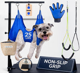 BumbleTails adjustable arm 26-40 inch in use for secure grooming sessions