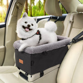 BurgeonNest center console dog seat grey front view shows compact fit for small dogs.