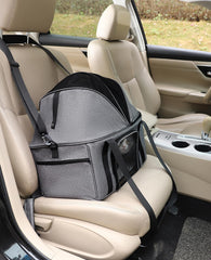BurgeonNest carrier in car showing internal safety leash for secure road trips.