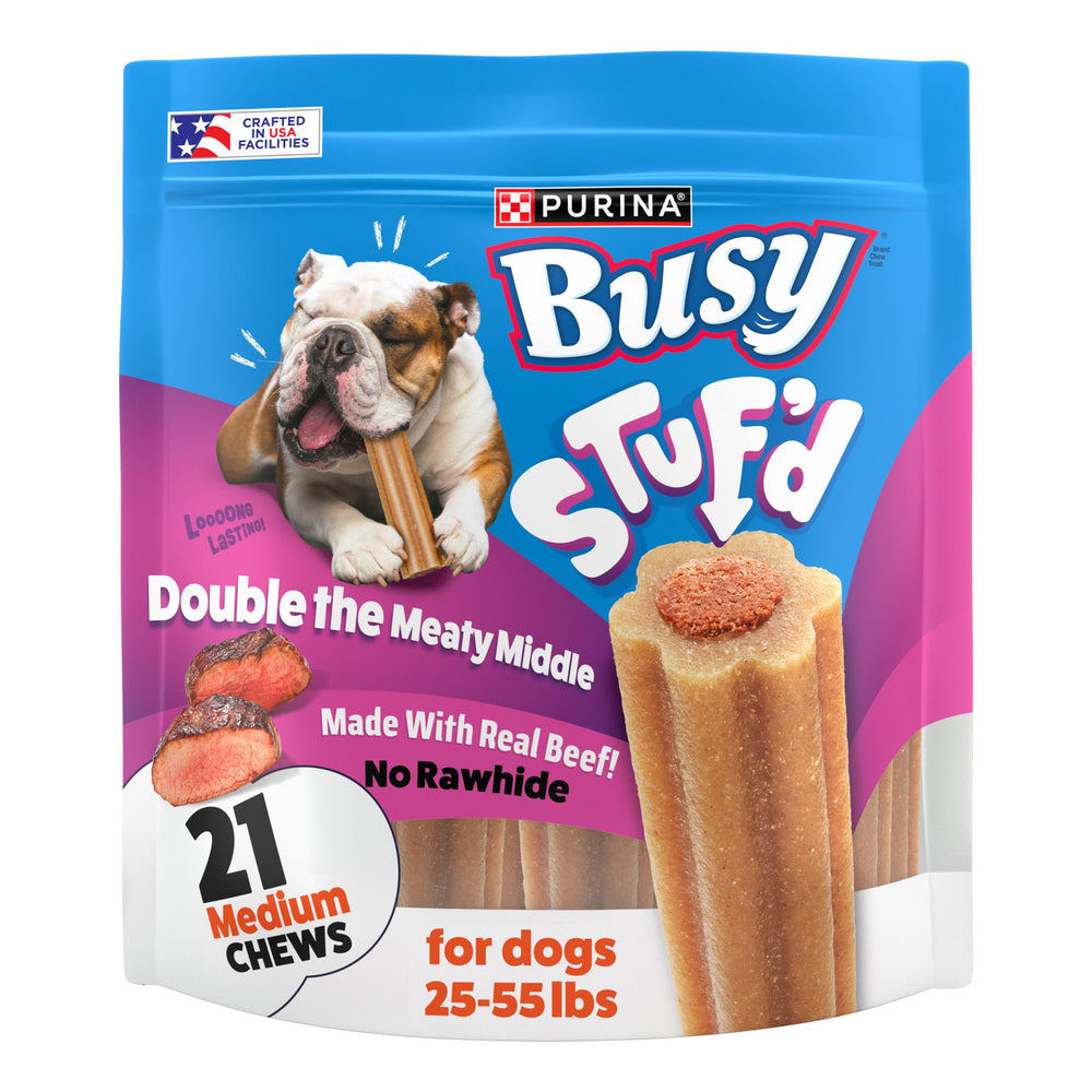 Busy Stuf’d real beef middle flower pouch engages medium dogs with savory aroma.
