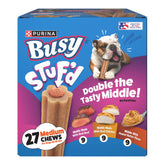 Busy Stufd Variety Pack packaging highlights real beef, chicken, and peanut butter flavors.