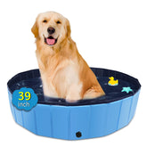 CACSPS foldable dog pool blue, compact storage, ideal for backyard cooling on hot days.