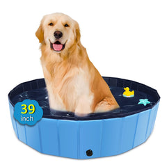 CACSPS foldable dog pool blue, compact storage, ideal for backyard cooling on hot days.