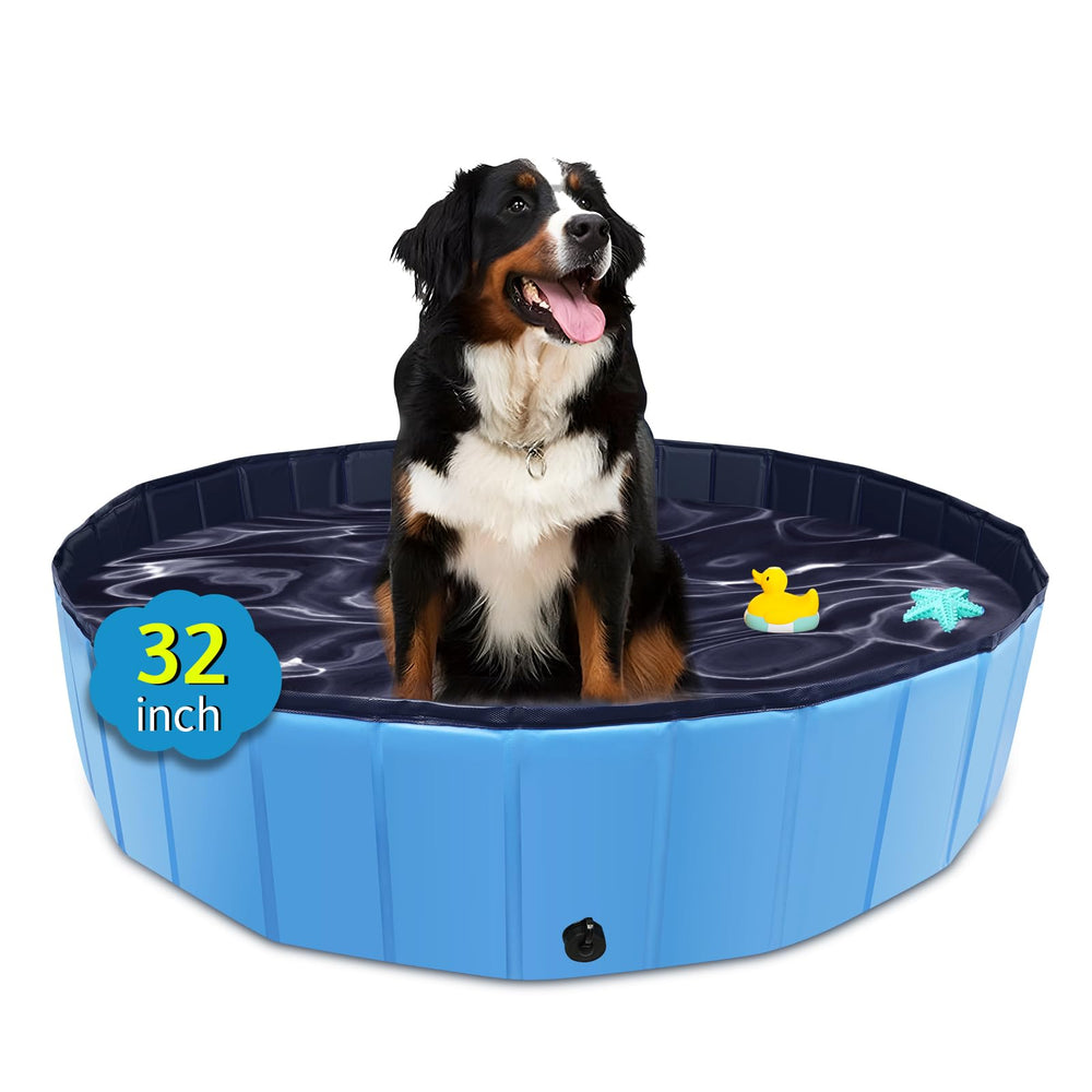 CACSPS foldable dog pool in blue, quick setup for outdoor cooling on hot days.