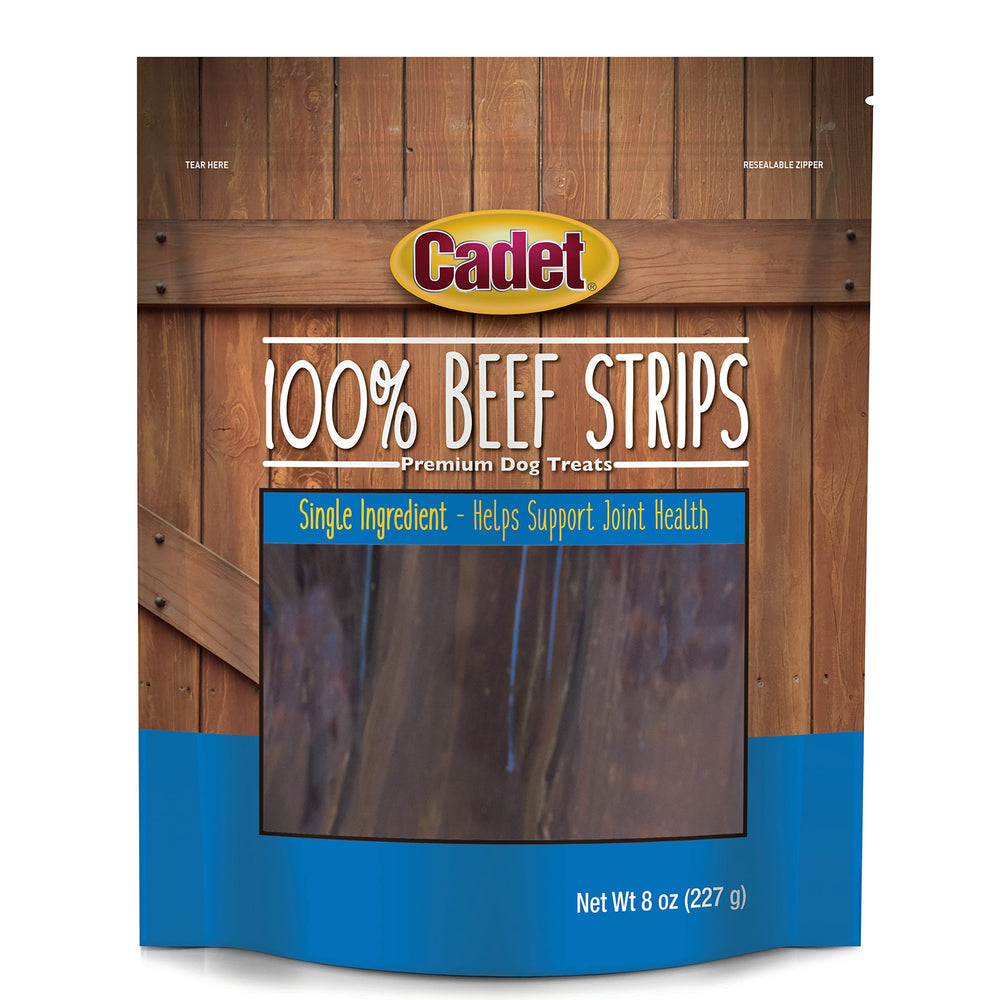 Cadet 100% beef strips packaging shown as a high-protein dog treat.