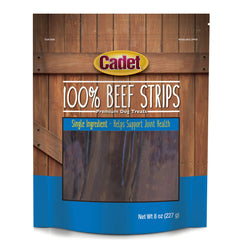 Cadet 100% beef strips packaging shown as a high-protein dog treat.