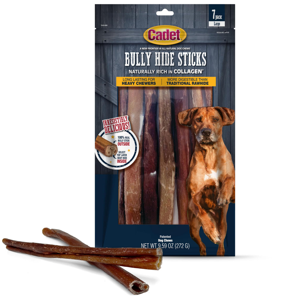 Cadet Bully Hide Sticks packaging showing seven large chews for aggressive chewers